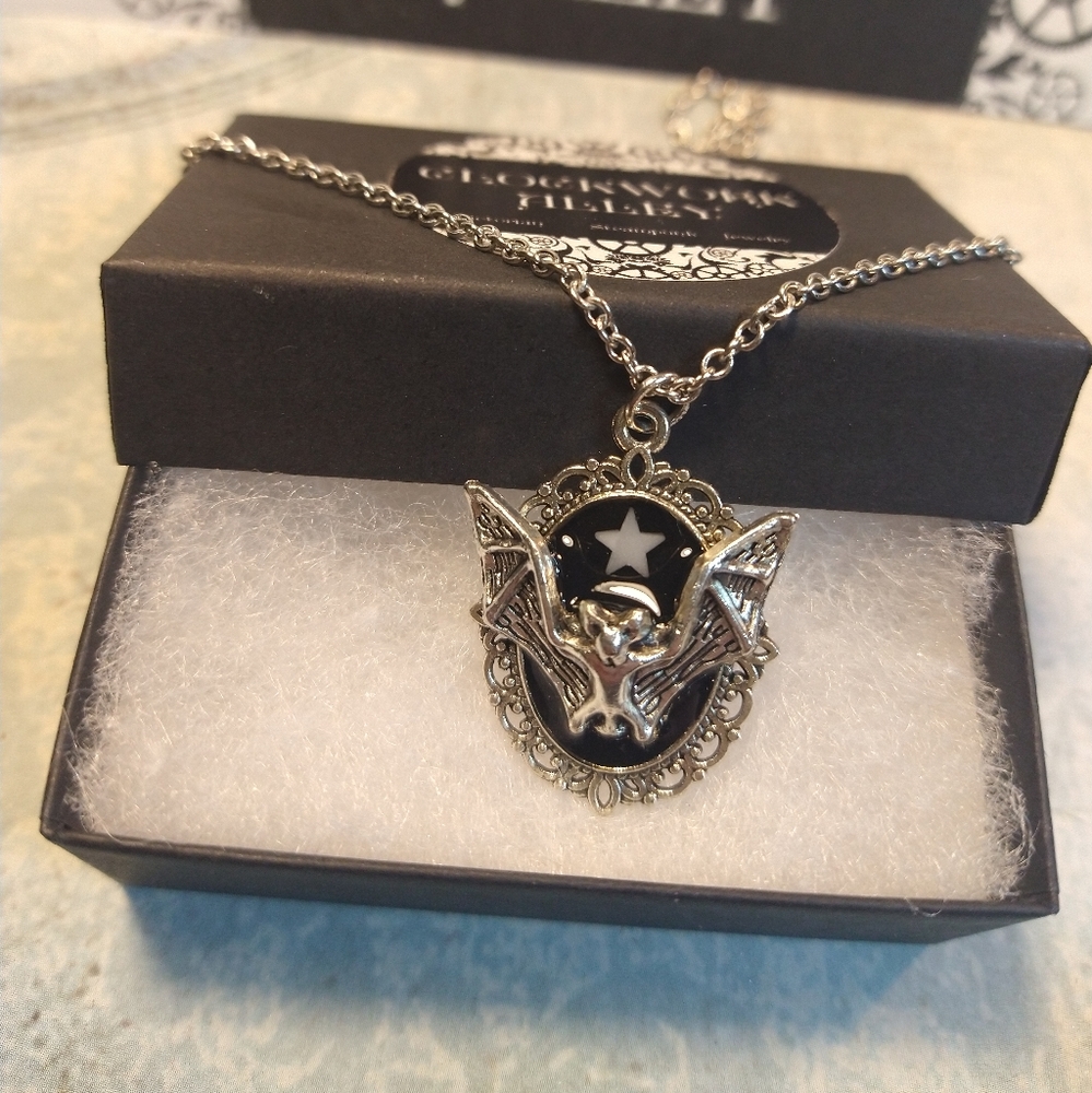 Small Gothic Bat Pendant Necklace with Glow in the Dark Star